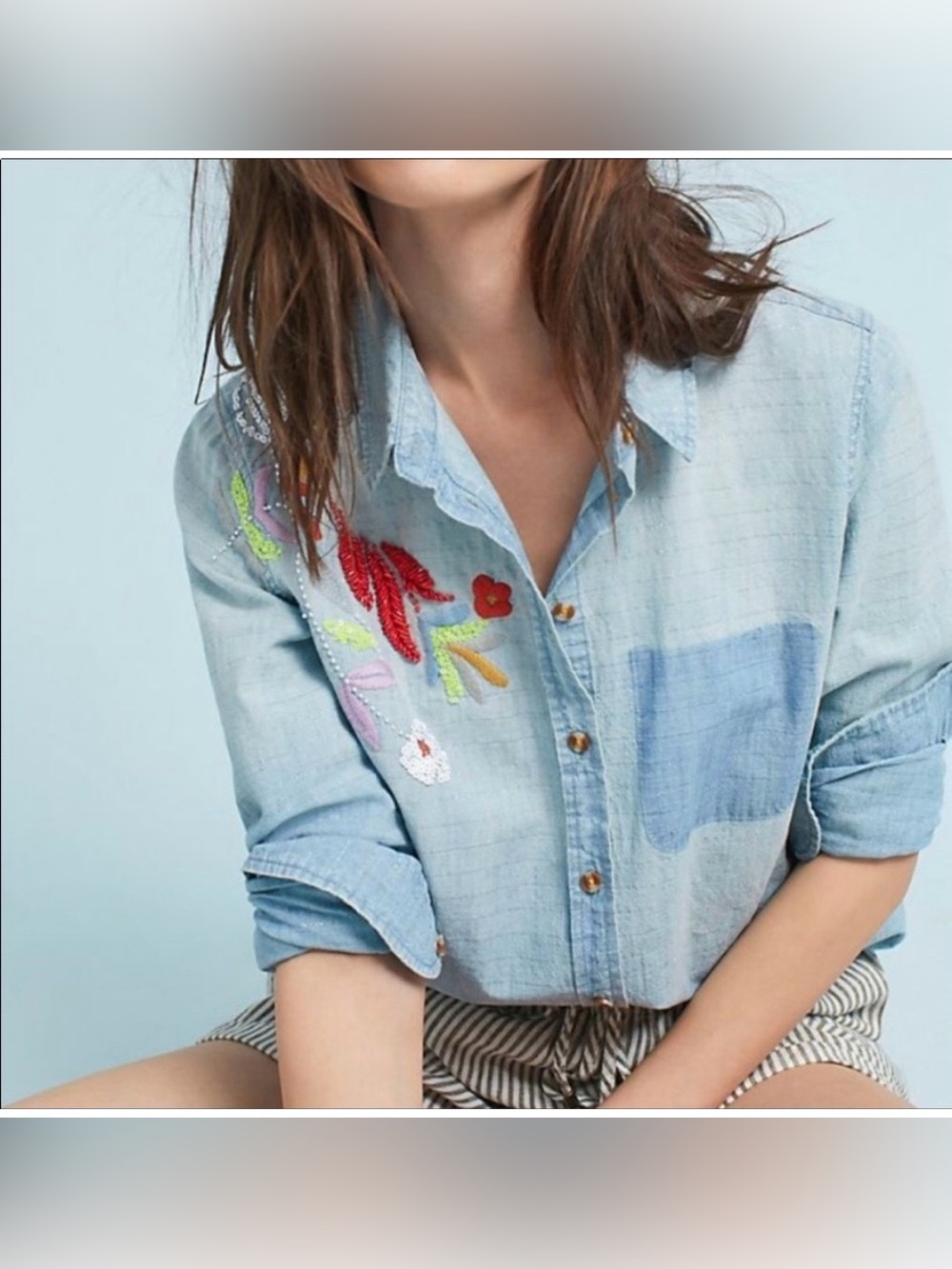 Anthro Maeve Light Blue Embroidered Chambray Button-Down Shirt